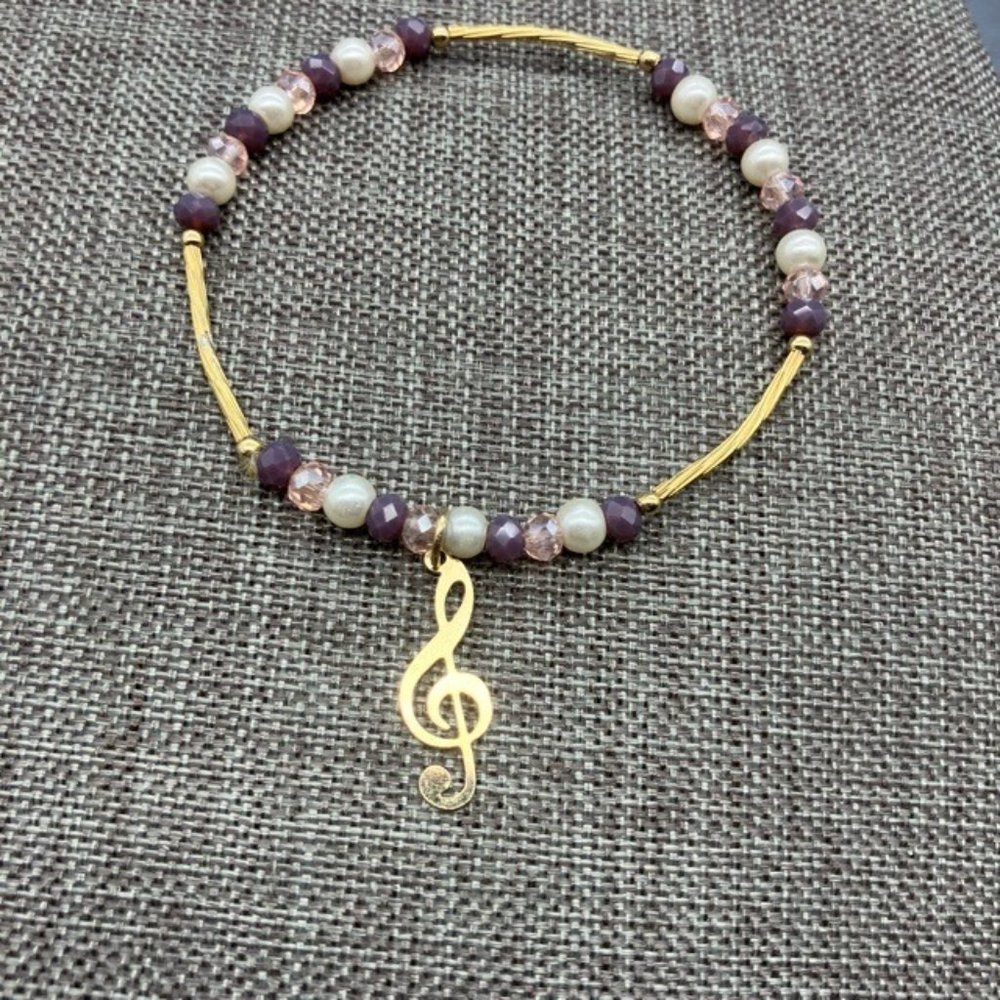 G Clef Charm Bracelet Stretch Gold Purple Pearl Music Musician Song Retro BoHo
